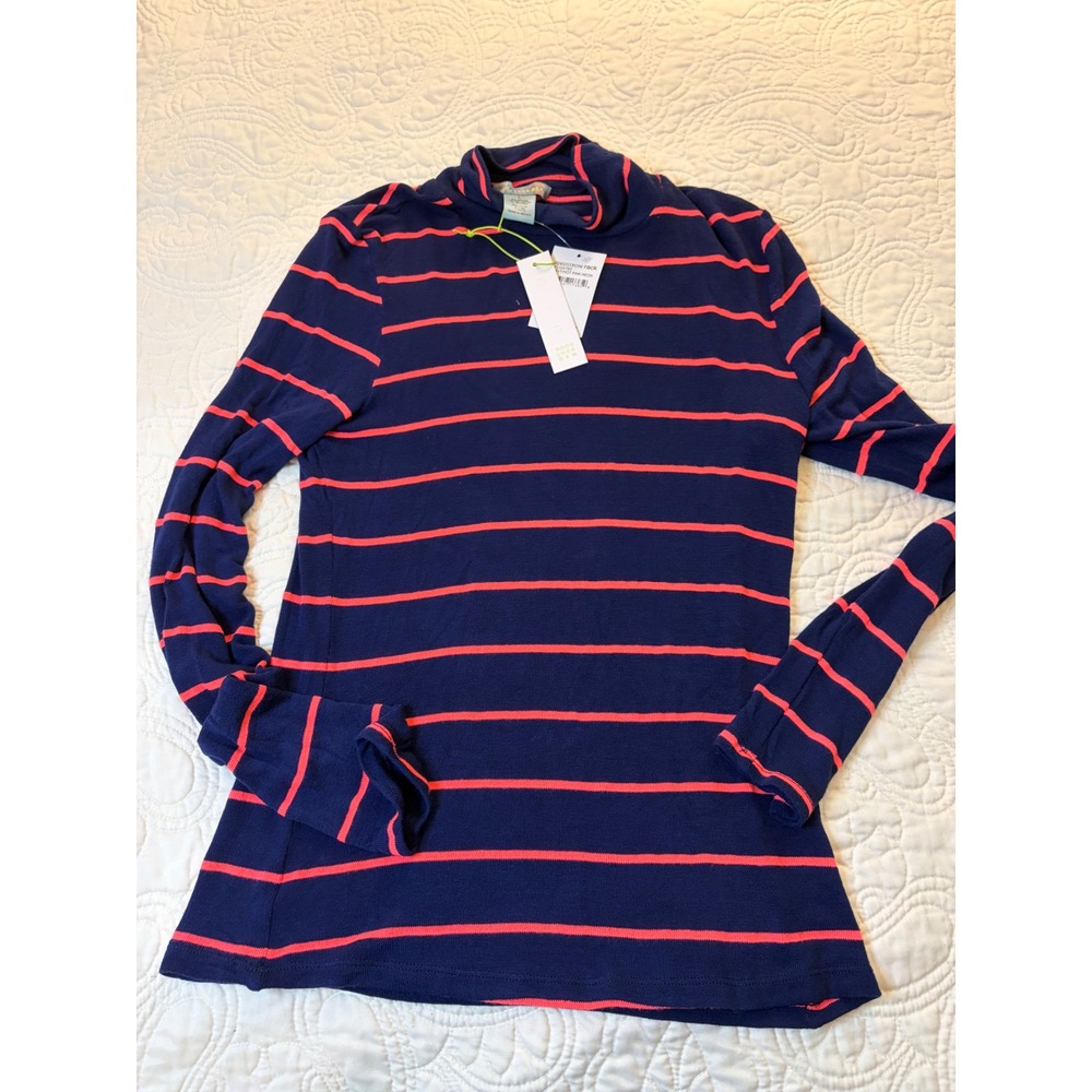Good Luck Gem Mock Neck Top Womens L Navy Pink NWT Striped Long Sleeve
